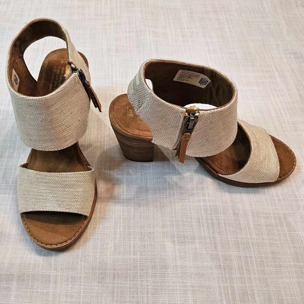 TOMS Beige/Tan Leather & Canvas Majorica Cutout Sandal Block 3.5" Heel Size 6